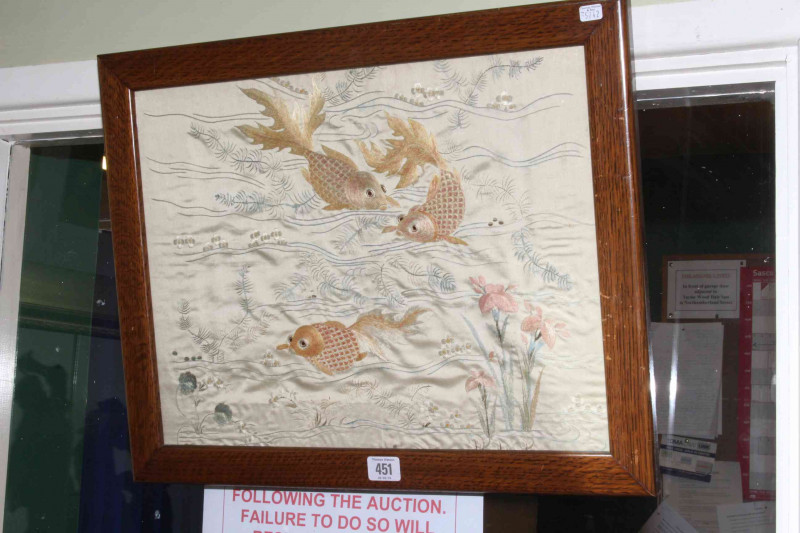 19th Century silk embroidery depicting aquatic scene, 34.5cm by 45.5cm, in later glazed frame.