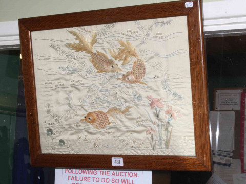 19th Century silk embroidery depicting aquatic scene, 34.5cm by 45.5cm,...