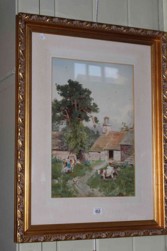 Isaac Cooke (1846-1922), Milkmaid Milking a Cow in Farmyard Setting, watercolour, signed lower left, 46cm by 31cm, in glazed gilt frame.