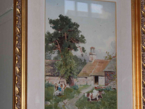 Isaac Cooke (1846-1922), Milkmaid Milking a Cow in Farmyard Setting, watercolour,...