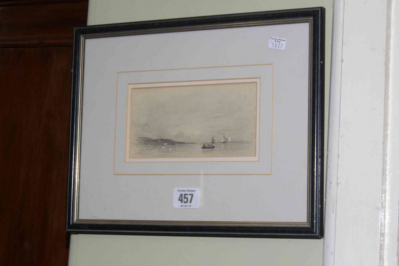 Myles Birkett Foster (1825-1899), Boats by the Coast, pencil sketch, signed lower left, 8cm by 15cm, in glazed framed.