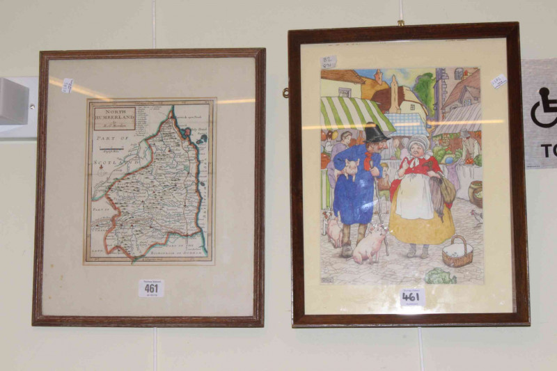 Robert Morden, Framed Map of Northumberland, 21.5cm by 17cm, and Frank Adams framed illustration (2).