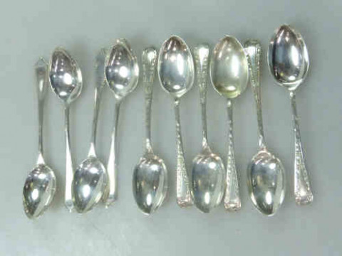 Set of Six Silver Teaspoons and a Set of Four Silver Teaspoons, 3.9 troy...