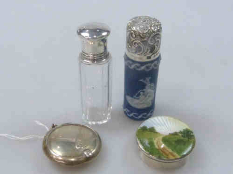 Enamel Topped Silver Box, Silver Pendant Compact, Silver Topped Scent Flask and a Silver Topped Blue Jasper Scent Flask (4)