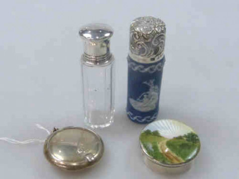 Enamel Topped Silver Box, Silver Pendant Compact, Silver Topped Scent...