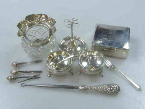Silver Ring Tree, Silver Cigarette Box, Pair of Silver Open Salts etc