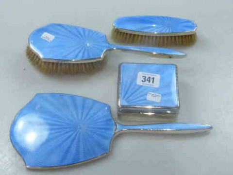 Silver and Blue Enamel Four Piece Dressing Table Set