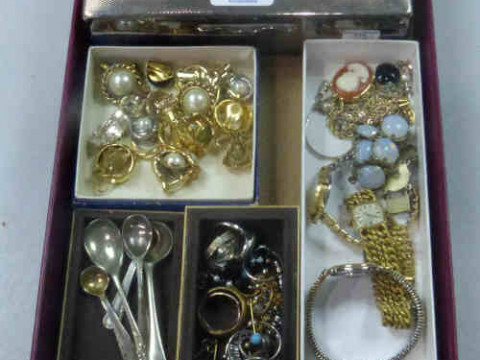 Silver Plated Cigarette Box, Costume Jewellery etc