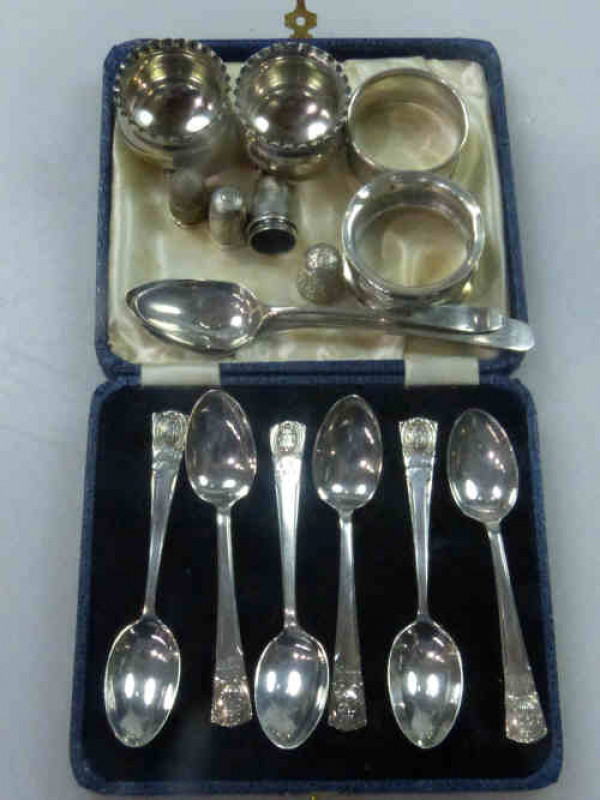 Set of Six Silver Teaspoons, Cased; Pair of Silver Salts, Five Silver Thimbles, Two Silver Napkin Rings etc