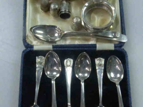 Set of Six Silver Teaspoons, Cased; Pair of Silver Salts, Five Silver...