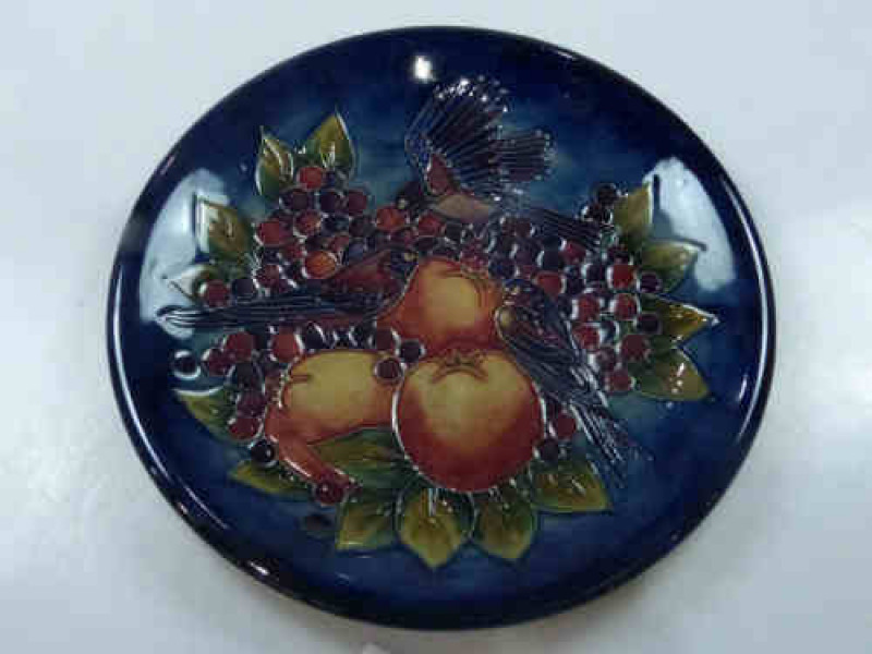 Large Moorcroft Pottery Plaque, Tube Lined and Hand Painted with Birds Amidst Fruit, 14inch Diameter