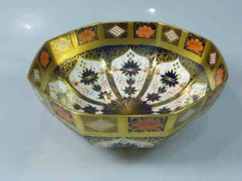 Royal Crown Derby Imari Octagonal Bowl with Puce Printed Bone China Mark