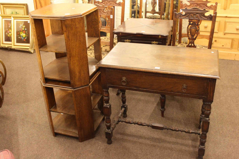 Oak hall table with single frieze drawer and pair of oak book tables.