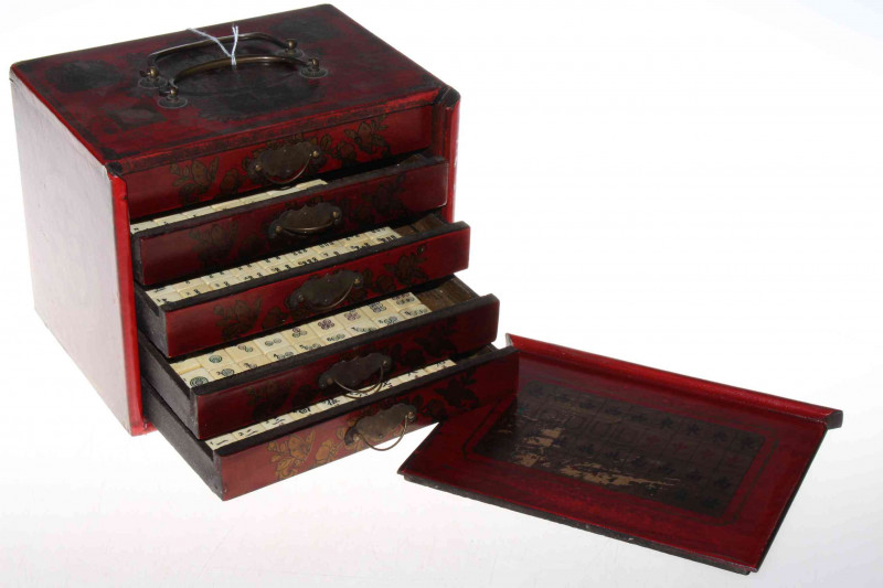 Mah-Jong in red and gilt four drawer box.