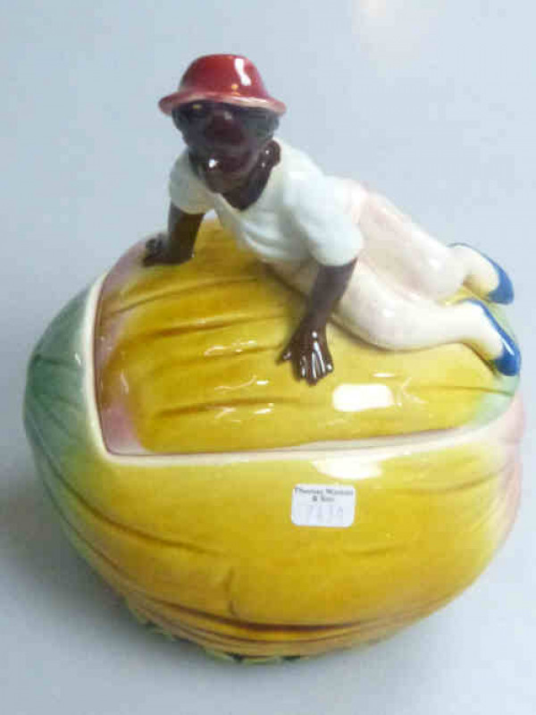 Pottery Majolica Fruit Bowl with Figure Lid