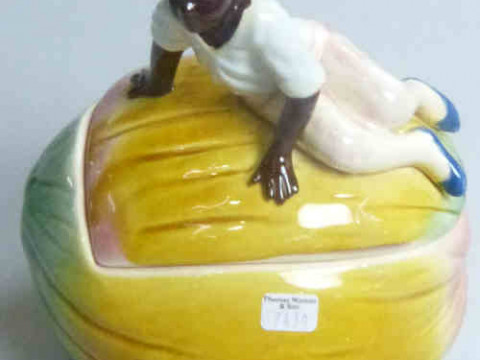 Pottery Majolica Fruit Bowl with Figure Lid