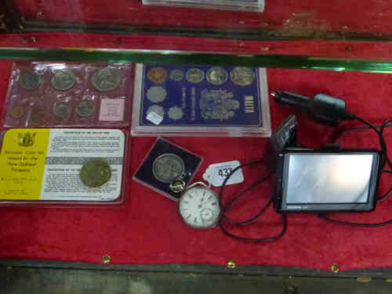 Garmin Sat Nav, Coins and Silver Pocket Watch