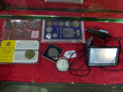 Garmin Sat Nav, Coins and Silver Pocket Watch