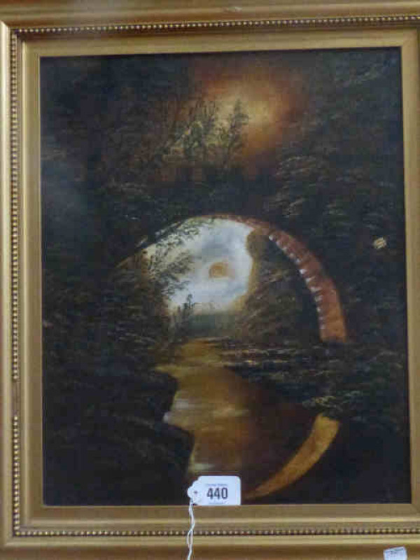 Unsigned, 'Moonlit River Scene', oil painting on board, in gilt frame