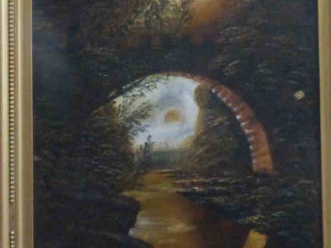 Unsigned, 'Moonlit River Scene', oil painting on board, in gilt frame