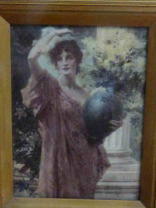 Victorian Chrystoleum, Lady with Vase of Flowers, in gilt frame