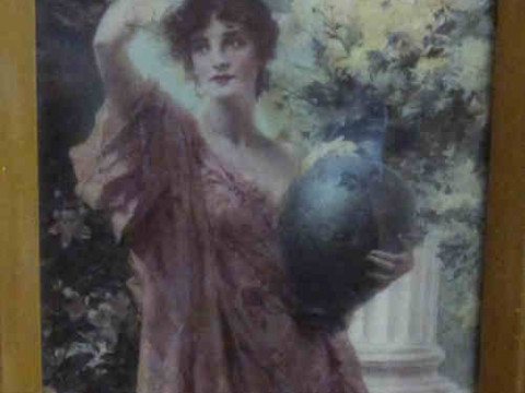 Victorian Chrystoleum, Lady with Vase of Flowers, in gilt frame