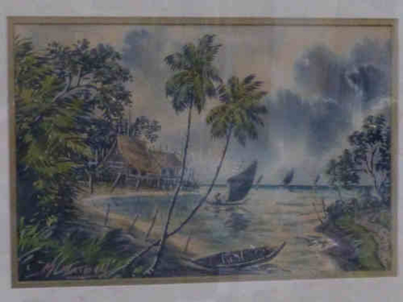 M Naiden, 'Far Eastern Scene with Cottages and Boats', watercolour, 19.5cm x 29cm, in bamboo style frame