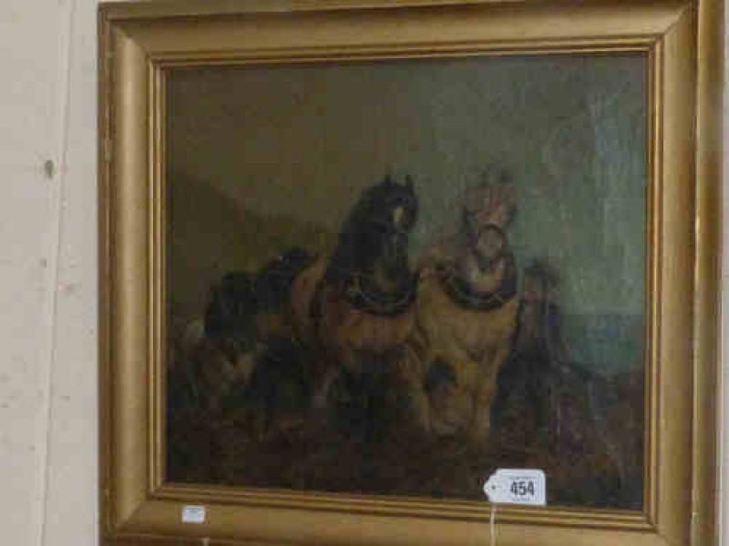 Signature Indistinct 'Two Horses Ploughing', oil painting on canvas, 34cm x 39cm, framed