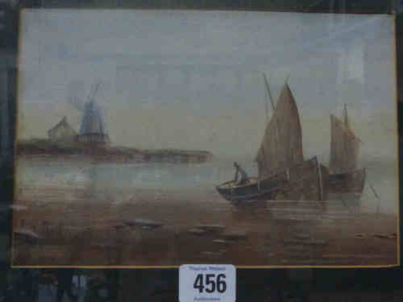 E K Redmore 'Fishing Boats', oil painting on board, 15cm x 21cm, framed