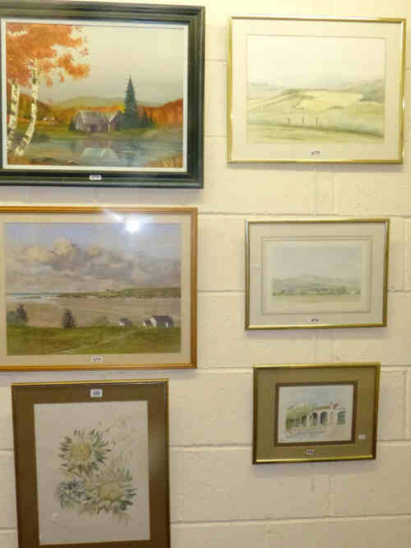 Four Watercolours, Oil Painting of Lake Scene and a Print (6)