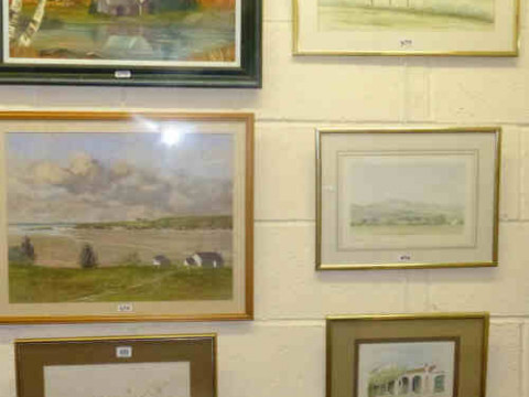Four Watercolours, Oil Painting of Lake Scene and a Print (6)