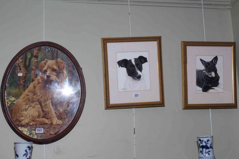D.M. Alderson, Jack Russell and German Shepherd, pair watercolours, and oval watercolour of Border Terrier, indistinct signature.