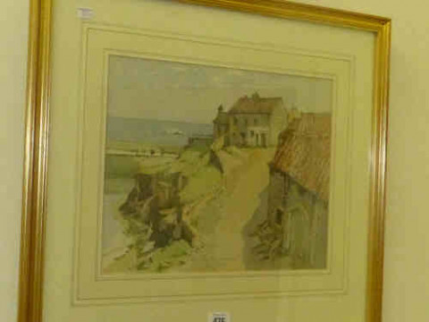 B R Townend ' Cottage with Path to a Harbour', watercolour, 25cm x 33cm,...
