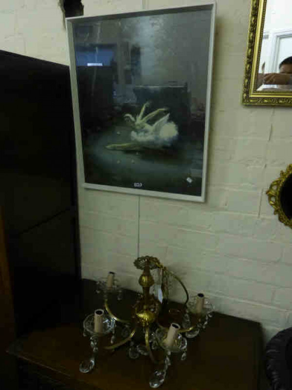 Crystal Drop and Gilt Metal Five-branch Chandelier and Ballerina Print