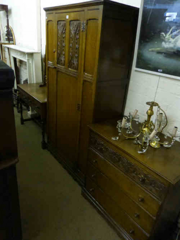 Three-piece Oak Bedroom Suite comprising single door wardrobe, four drawer chest and two drawer dressing table with mirror