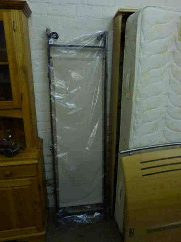 Wrought Iron and Canvas Vanity Screen and Two Child's Wooden Trains