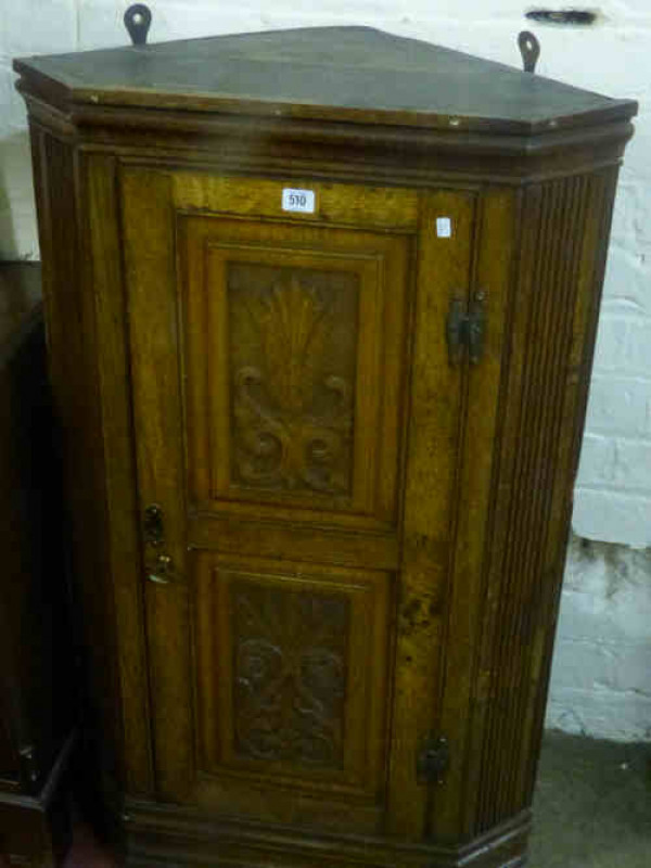 Oak Hanging Corner Cabinet with double carved panel door