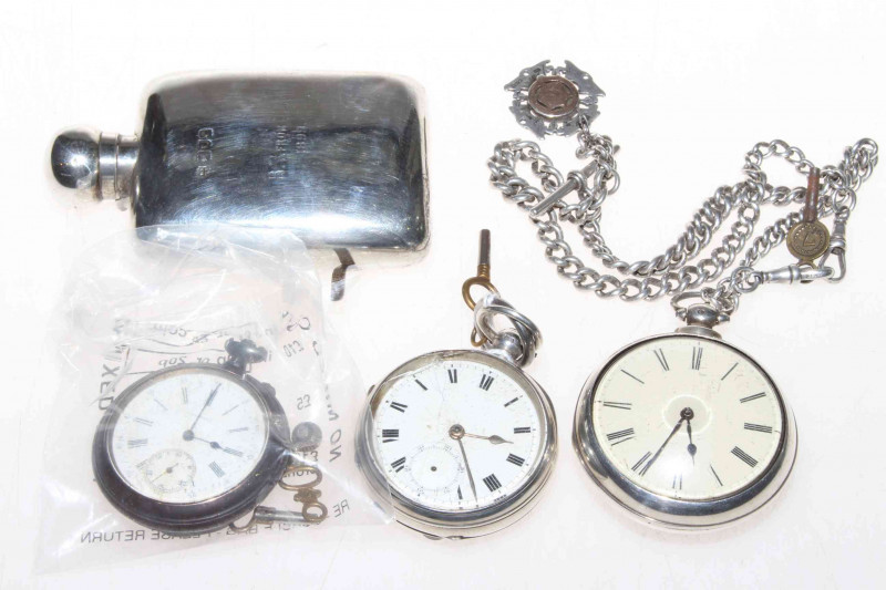 Two silver pocket watches, one London 1911 and one with silver albert, Birmingham T.F. chain, another pocket watch, and also silver flask dated 1899 (4).