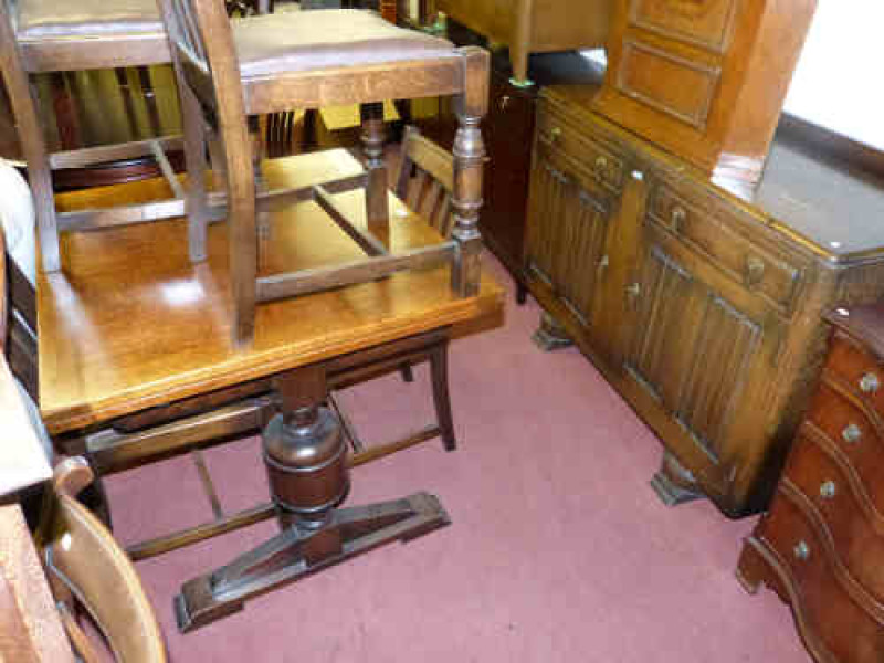 Oak Linen Fold Door Sideboard, Draw Leaf Dining Table and Four Chairs