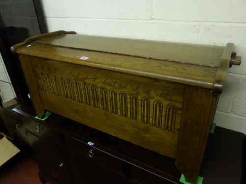Oak Blanket Box with carved panel front