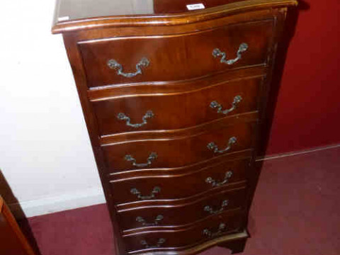 Mahogany Serpentine Front Six-drawer Slim Chest on bracket feet