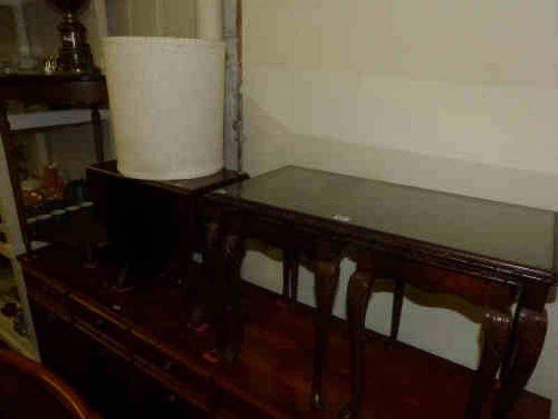 Nest of Three Mahogany Tables, Drop Leaf Coffee Table, Corner Table with under-shelf and Table Lamp and Shade (4)