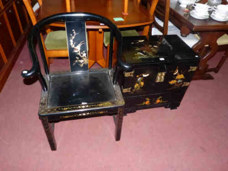 Oriental Black Lacquered Floral and Bird Design Cabinet and Similar Chair