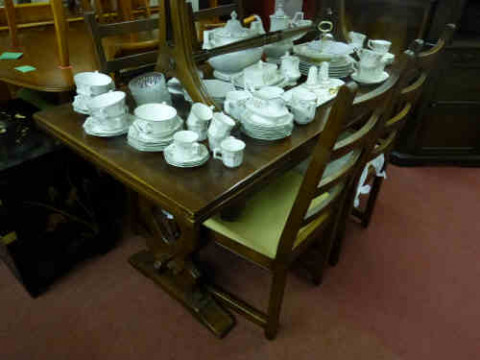 Oak Refectory Style Draw Leaf Dining Table and Four Ladder Back Chairs