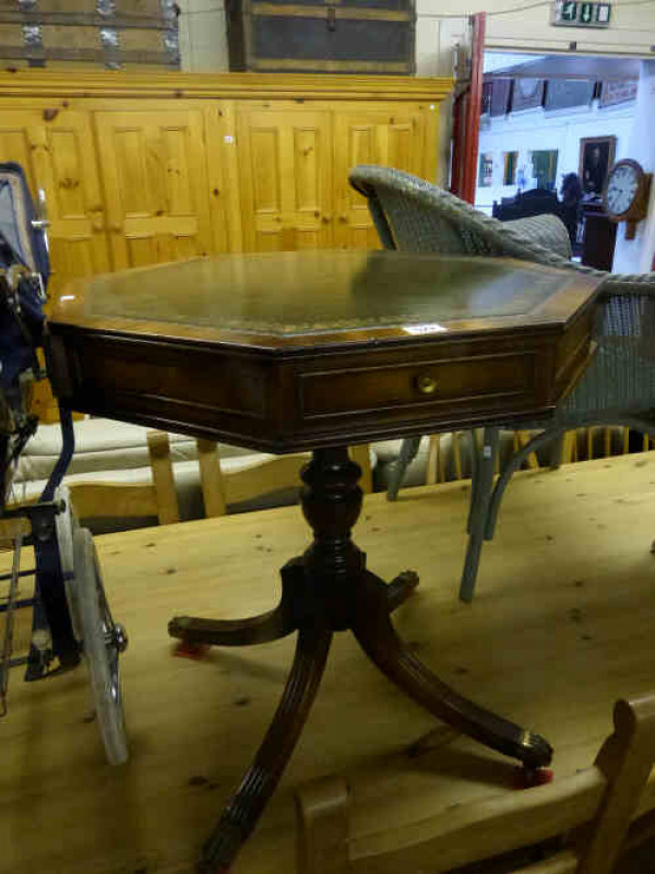 Mahogany Octagonal Pedestal Occasional Table with green leather inset top