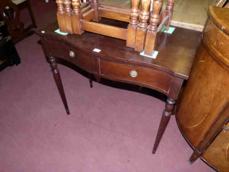 Mahogany Serpentine Front Two Drawer Side Table on turned legs