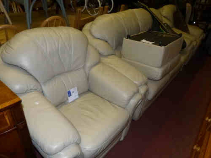 Cream/Grey Leather Three-piece Lounge Suite and Footstool