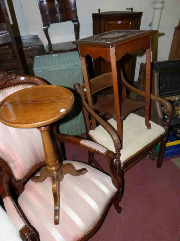 19th Century Mahogany Armchair, Tripod Oak Wine Table and Carved Oak Plant Table (3)