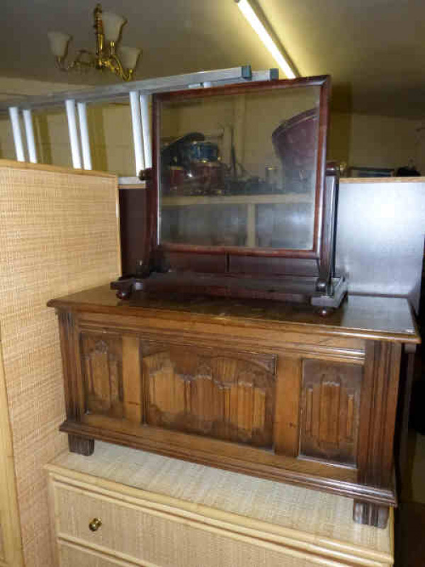 Oak Linen Fold Blanket Box, Victorian Mahogany Toilet Mirror and Oval Mahogany Wall Mirror (3)