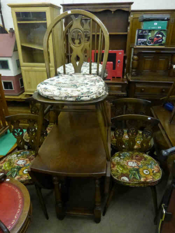 Oak Linen Fold Door Dresser, Drop Leaf Dining Table and Six Ercol Chairs (4+2) (8)
